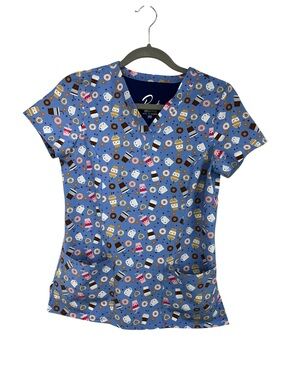 Maevn Prints V Neck Coffee and Donut Pattern Scrub Top Womens XS